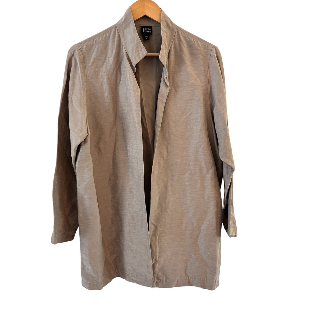 Eileen Fisher Open Front Linen Silk Jacket L Quiet Luxury Minimalist Lagenlook